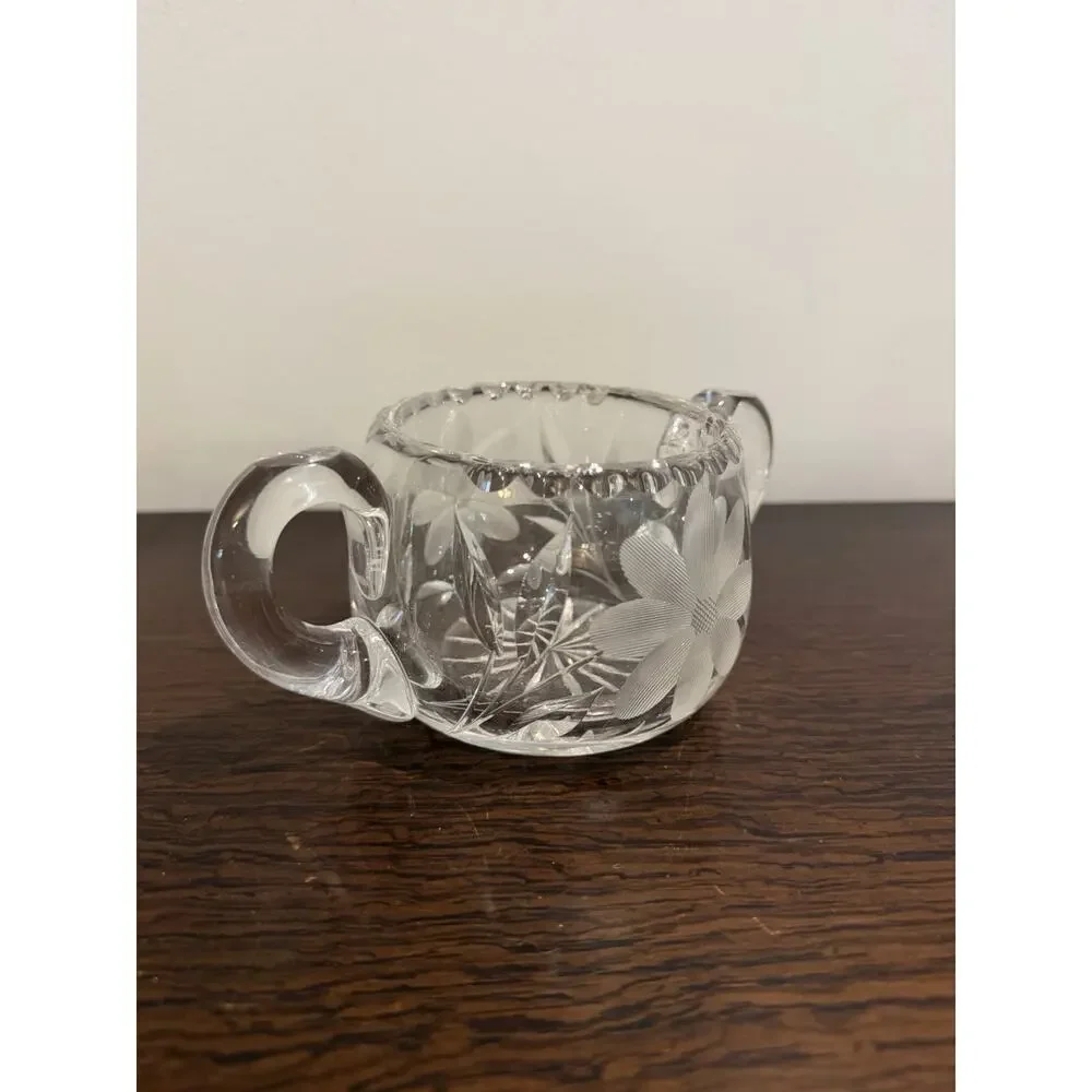 Vintage Cut Glass Crystal Clear Creamer and Sugar Bowl with Etched Flowers